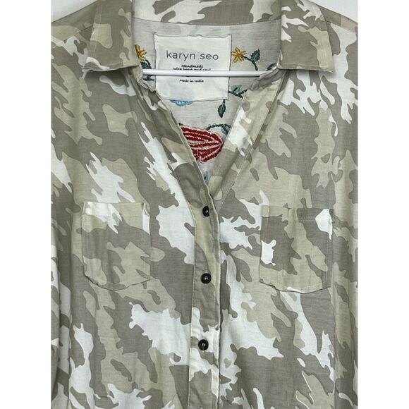 Karyn Seo Women Medium Camo Lagen Look Embroidered Long Sleeve Button Up Shirt - Picture 4 of 9